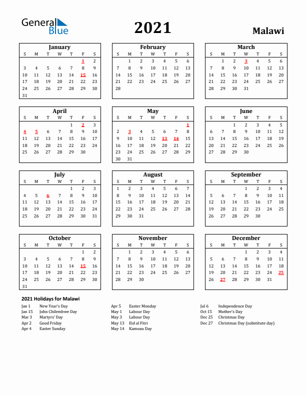 2021 Malawi Holiday Calendar - Sunday Start