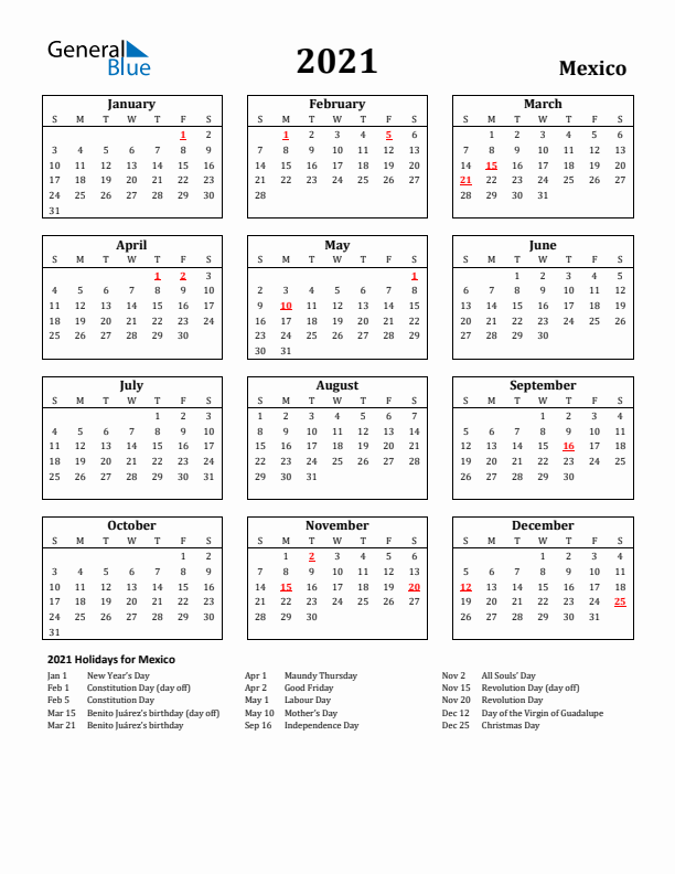 2021 Mexico Holiday Calendar - Sunday Start