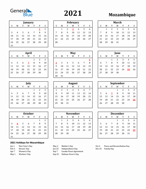 2021 Mozambique Holiday Calendar - Sunday Start