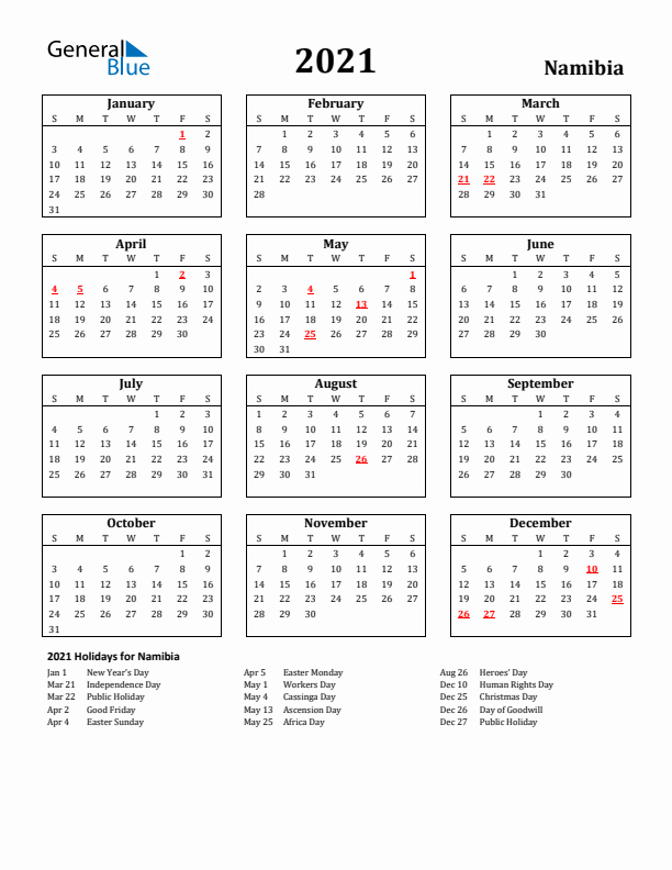 2021 Namibia Holiday Calendar - Sunday Start