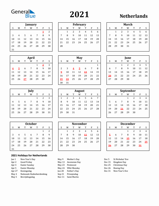 2021 Netherlands Holiday Calendar - Sunday Start