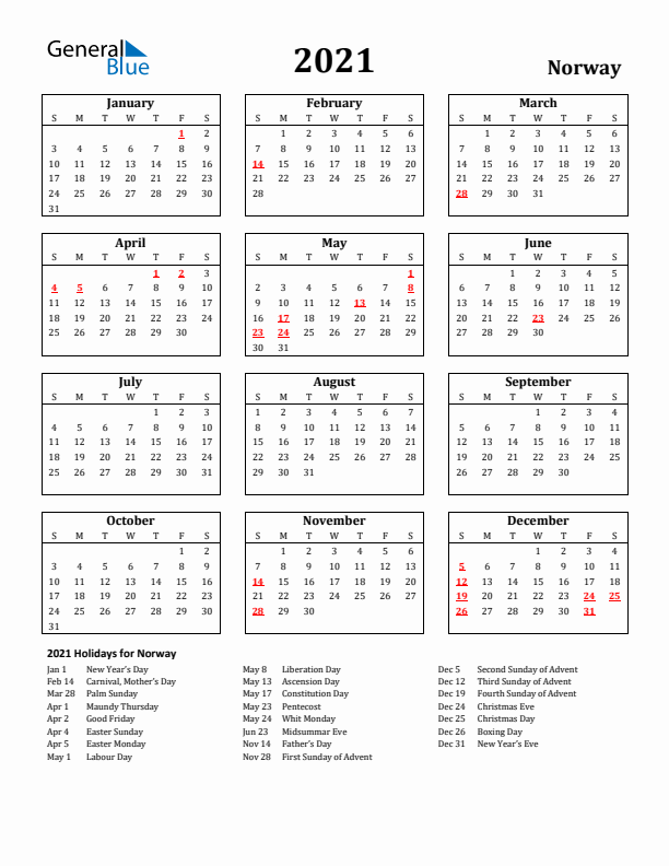 2021 Norway Holiday Calendar - Sunday Start