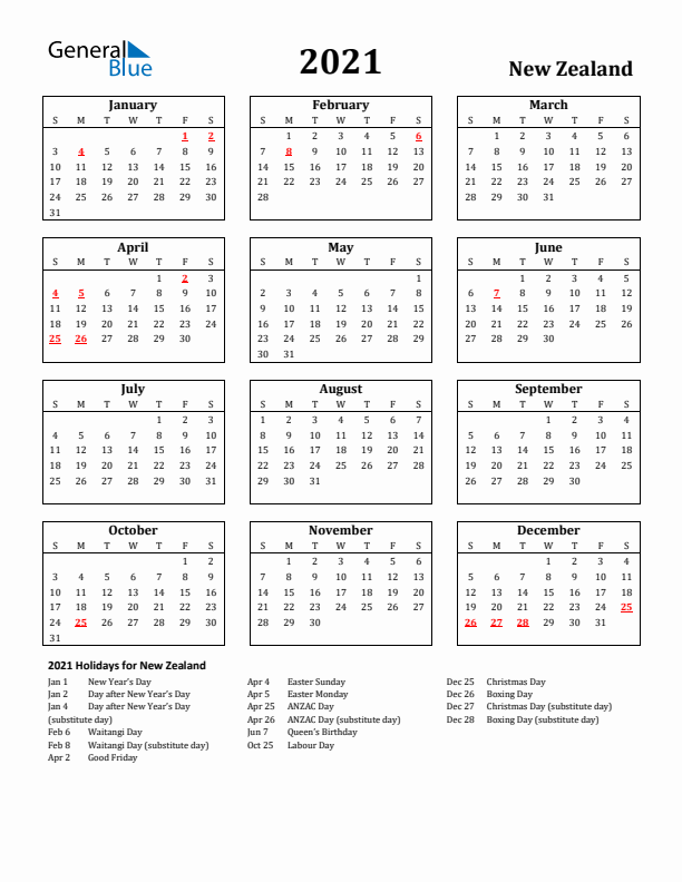 2021 New Zealand Holiday Calendar - Sunday Start