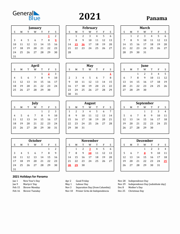 2021 Panama Holiday Calendar - Sunday Start