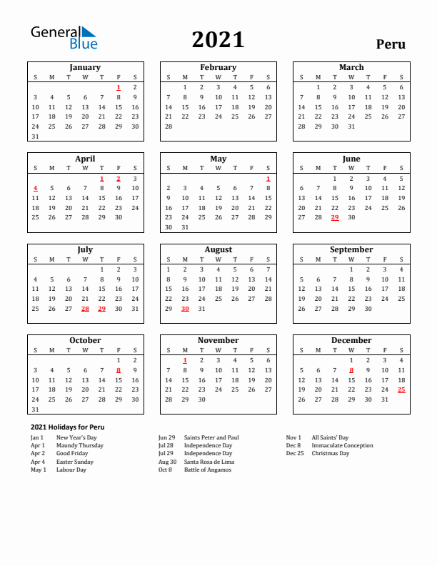 2021 Peru Holiday Calendar - Sunday Start