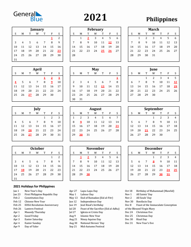 2021 Philippines Holiday Calendar - Sunday Start