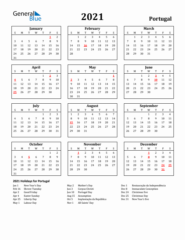 2021 Portugal Holiday Calendar - Sunday Start