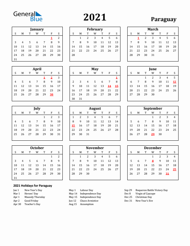 2021 Paraguay Holiday Calendar - Sunday Start