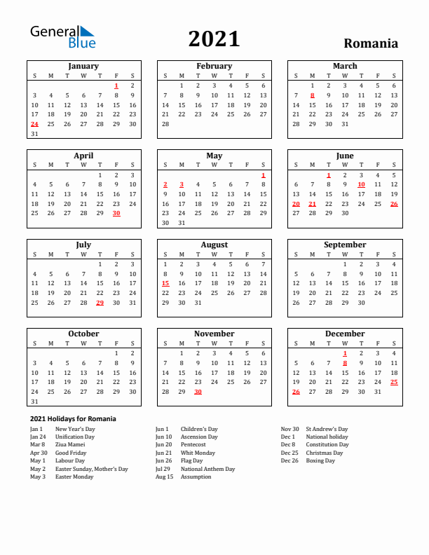 2021 Romania Holiday Calendar - Sunday Start