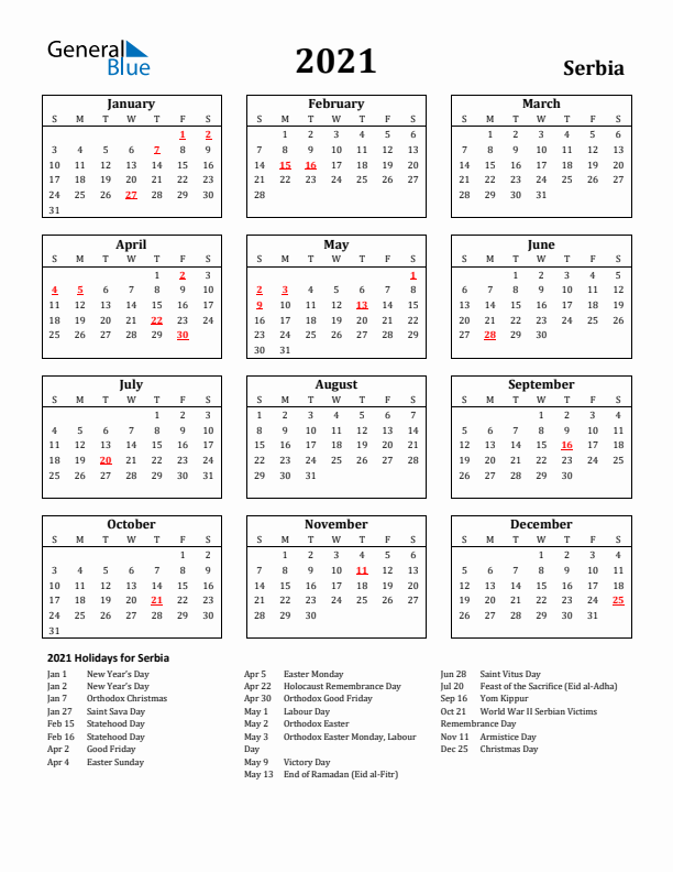 2021 Serbia Holiday Calendar - Sunday Start