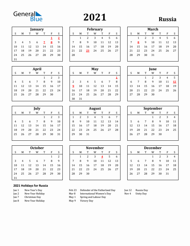 2021 Russia Holiday Calendar - Sunday Start