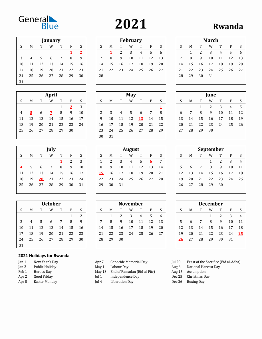 Free Printable 2021 Rwanda Holiday Calendar