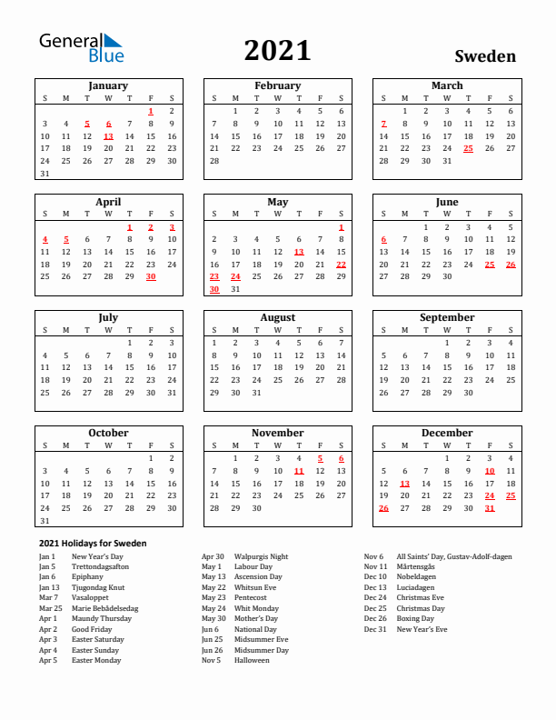 2021 Sweden Holiday Calendar - Sunday Start