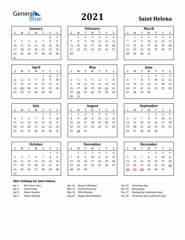 2021 Saint Helena Holiday Calendar - Sunday Start