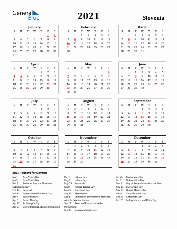 2021 Slovenia Holiday Calendar - Sunday Start