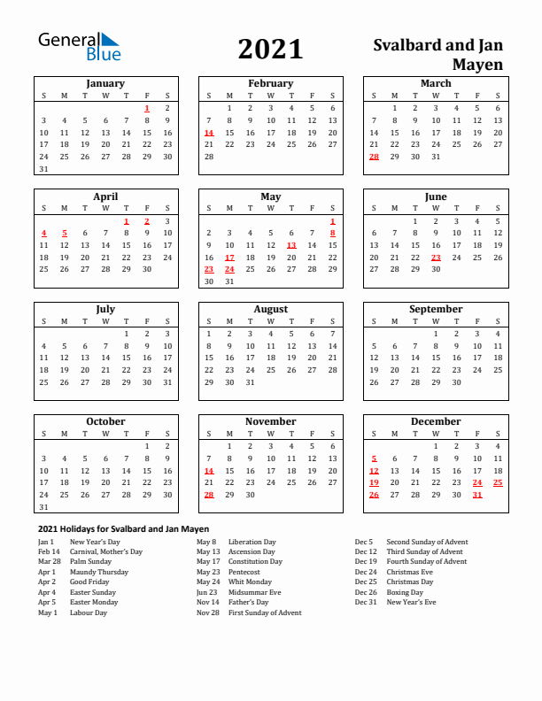 2021 Svalbard and Jan Mayen Holiday Calendar - Sunday Start