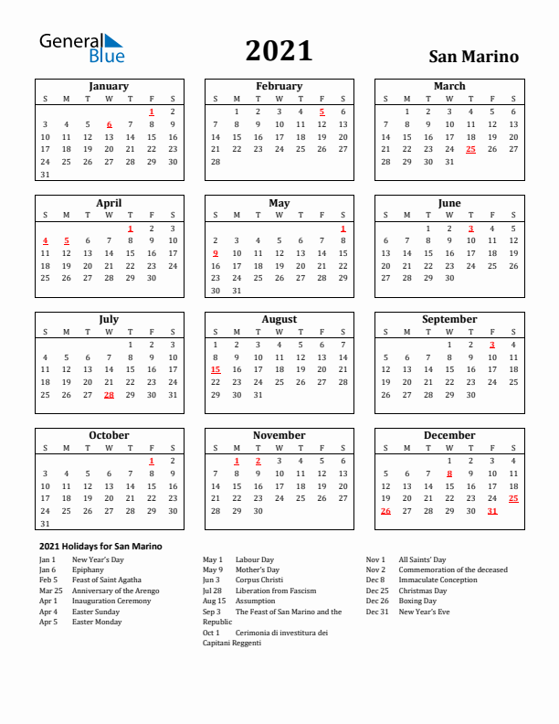2021 San Marino Holiday Calendar - Sunday Start