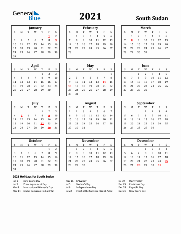 2021 South Sudan Holiday Calendar - Sunday Start
