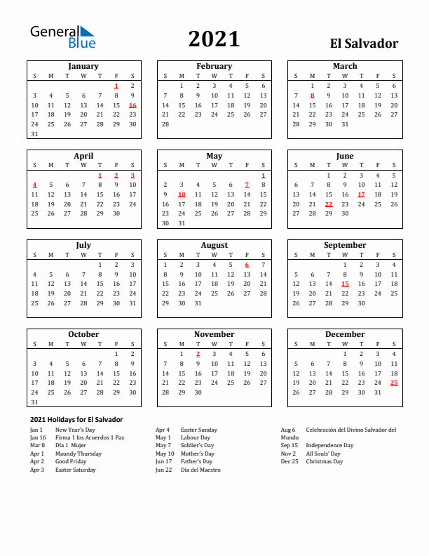 2021 El Salvador Holiday Calendar - Sunday Start