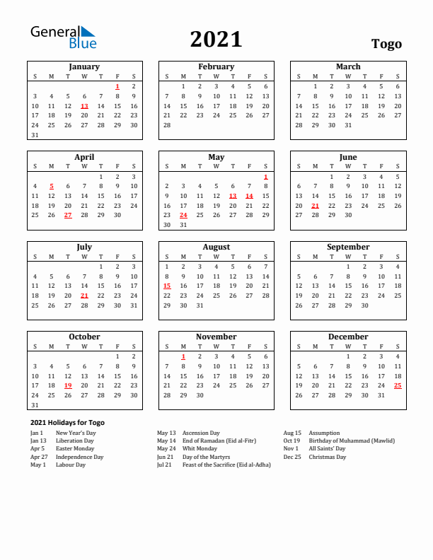 2021 Togo Holiday Calendar - Sunday Start