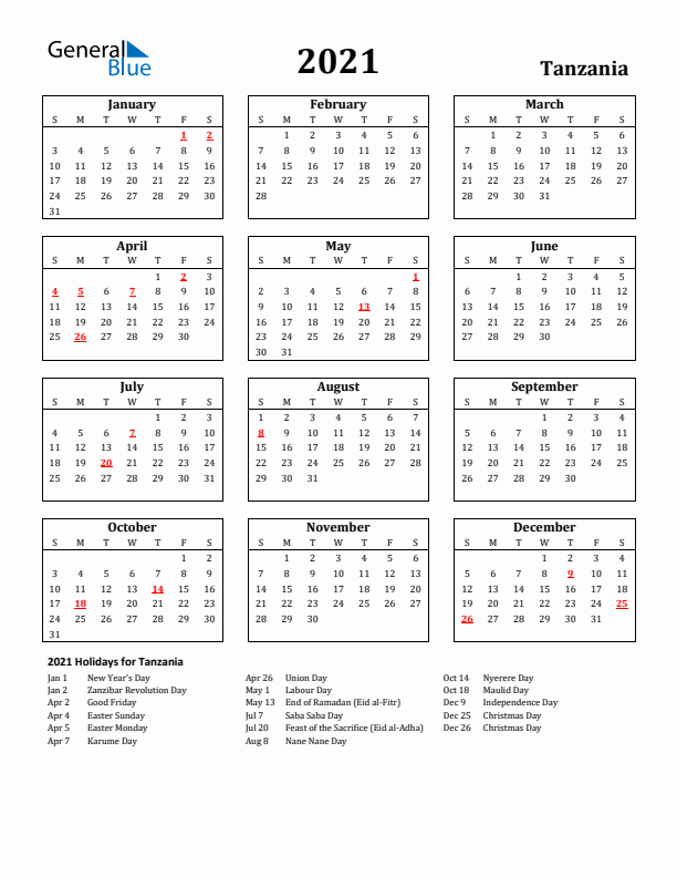 2021 Tanzania Holiday Calendar - Sunday Start