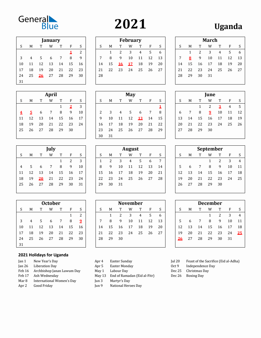 Free Printable 2021 Uganda Holiday Calendar