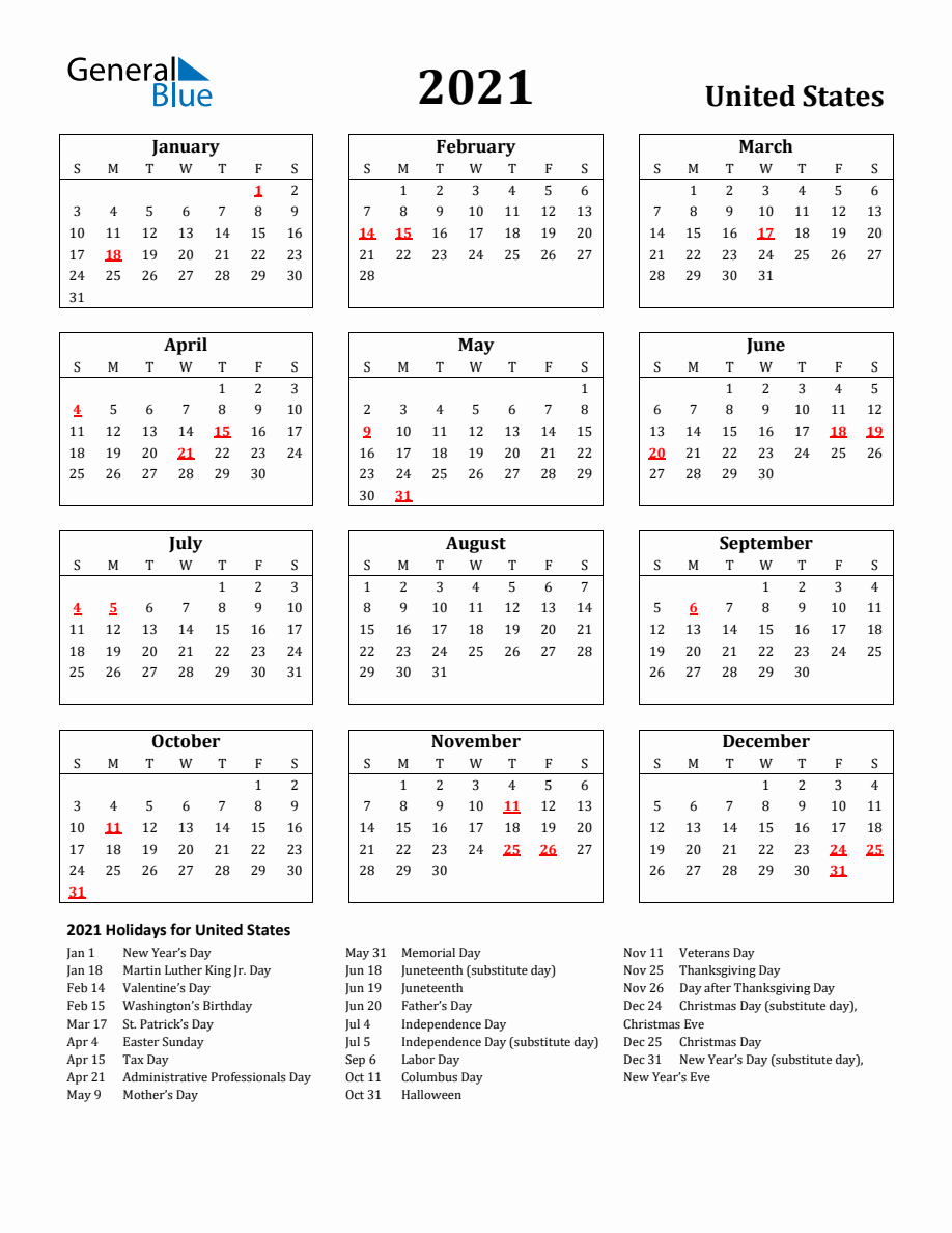 Free Printable 2021 United States Holiday Calendar