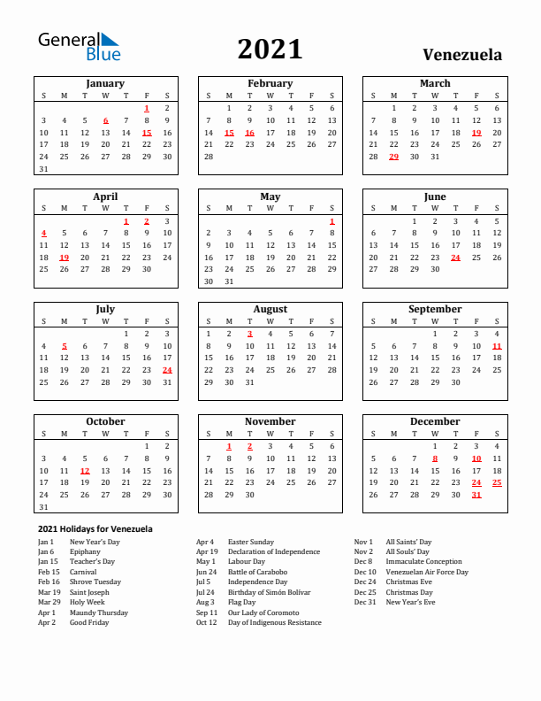 2021 Venezuela Holiday Calendar - Sunday Start
