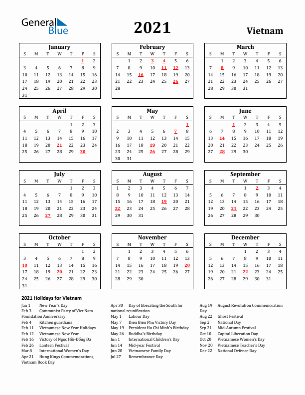 2021 Vietnam Holiday Calendar - Sunday Start