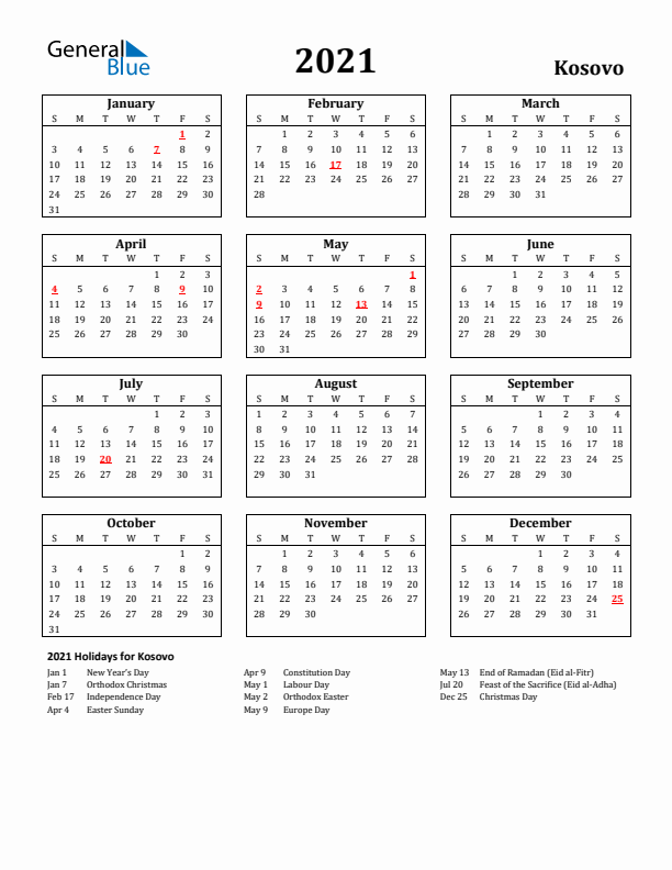 2021 Kosovo Holiday Calendar - Sunday Start