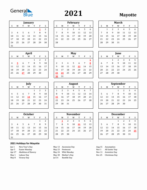 2021 Mayotte Holiday Calendar - Sunday Start