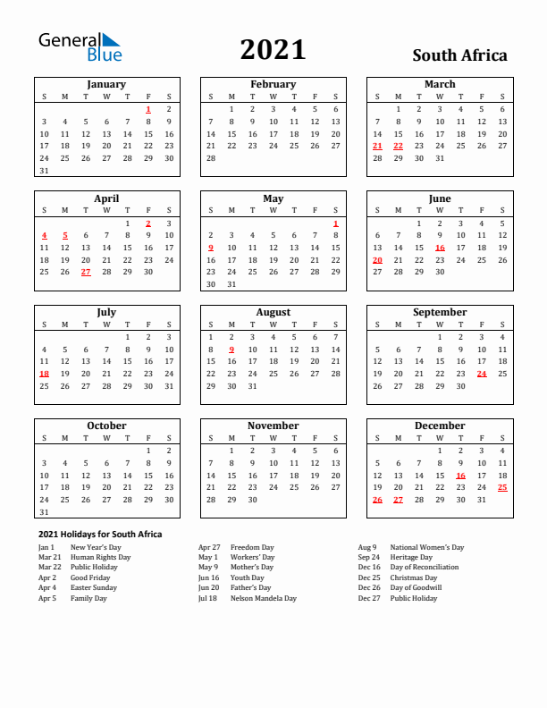 2021 South Africa Holiday Calendar - Sunday Start