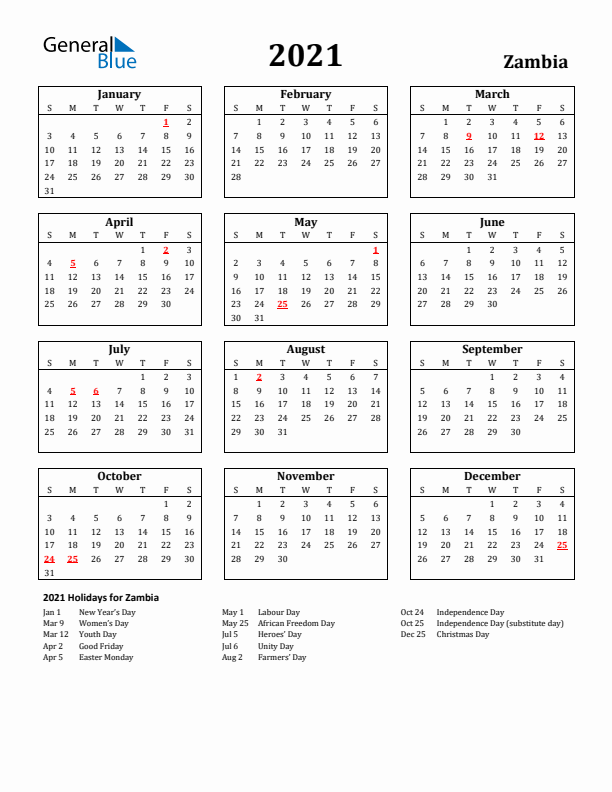 2021 Zambia Holiday Calendar - Sunday Start