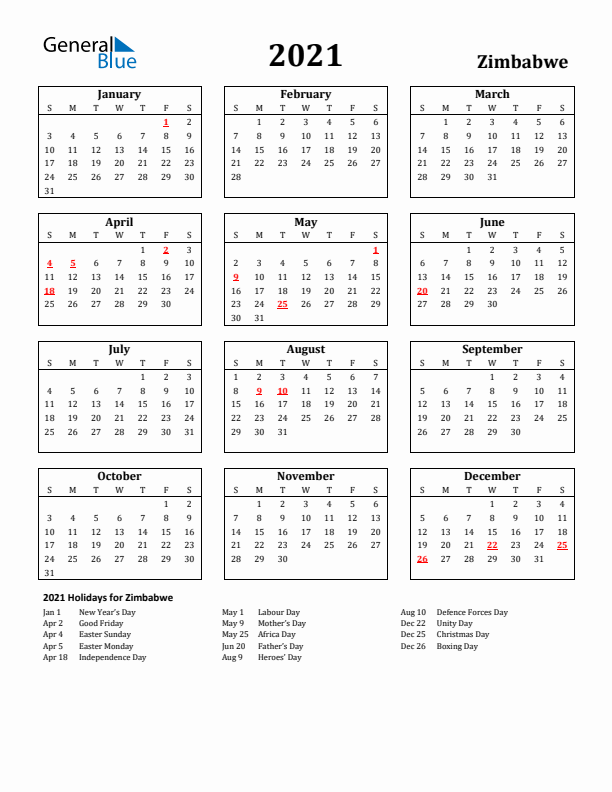 2021 Zimbabwe Holiday Calendar - Sunday Start