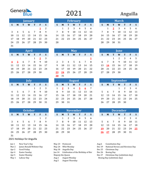 Printable Calendar 2021 with Anguilla Holidays