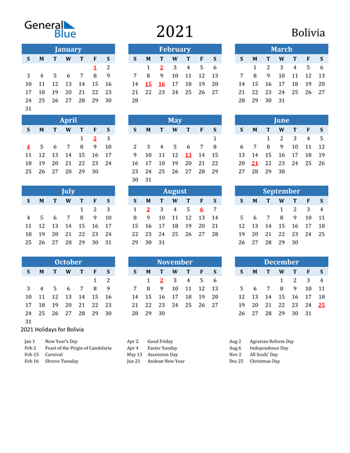 2021 Bolivia Calendar with Holidays