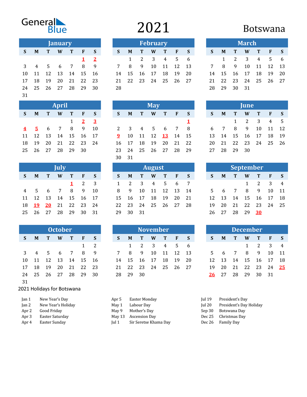 2021 Botswana Calendar with Holidays