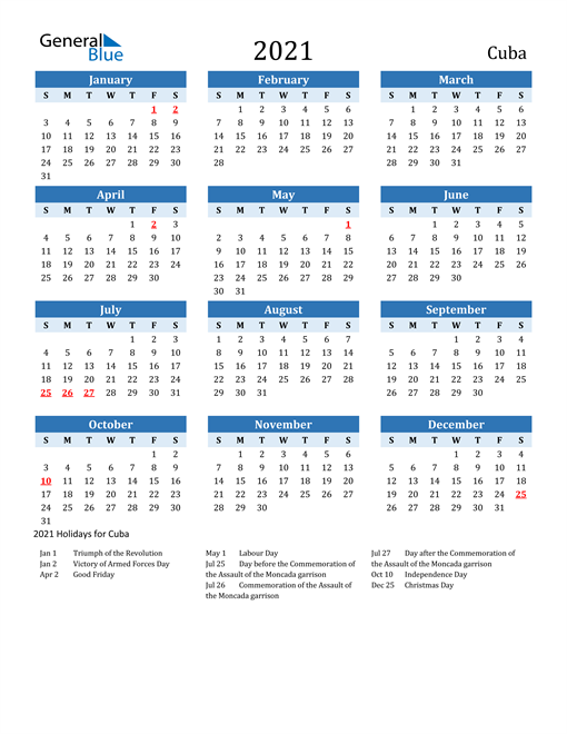 Printable Calendar 2021 with Cuba Holidays