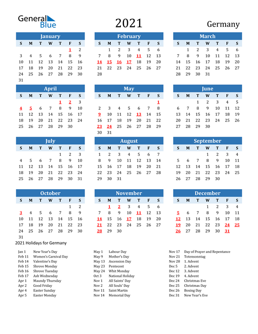 Printable Calendar 2021 with Germany Holidays