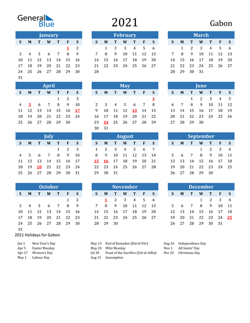 Printable Calendar 2021 with Gabon Holidays