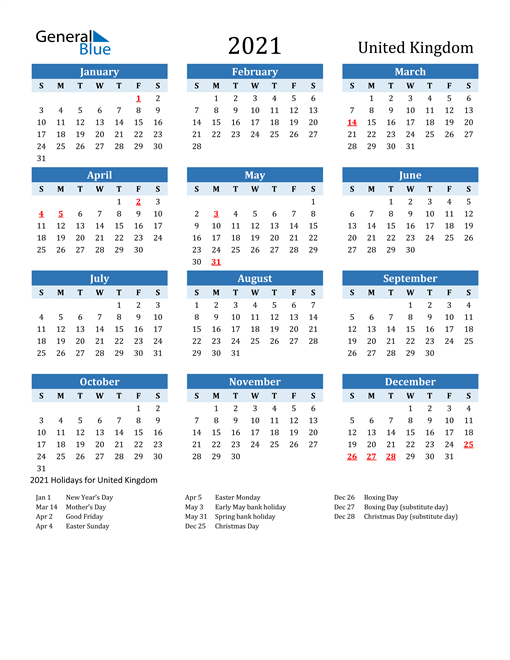 2021 Calendar United Kingdom With Holidays