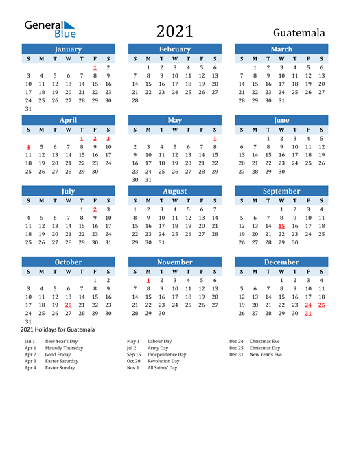 Printable Calendar 2021 with Guatemala Holidays