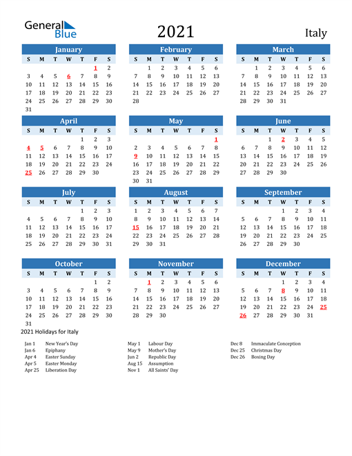 2021 Italy Calendar with Holidays