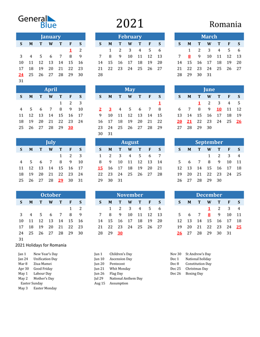 Download 2021 Calendar - Romania with Holidays