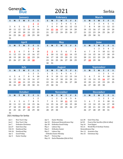 Printable Calendar 2021 with Serbia Holidays