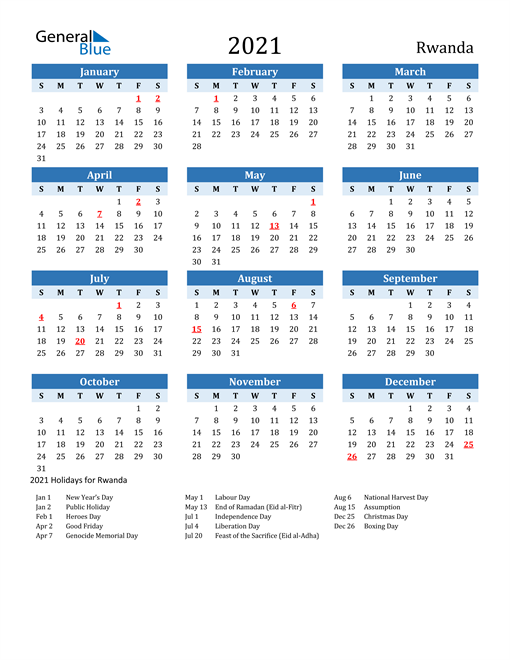 Printable Calendar 2021 with Rwanda Holidays