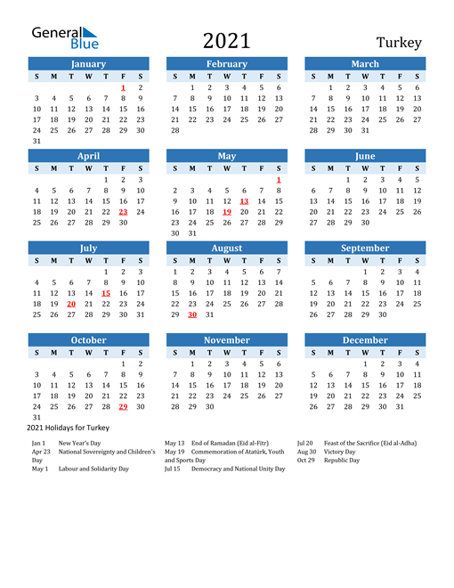 2021 Calendar - Turkey with Holidays