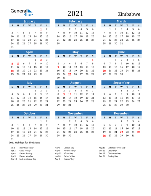 Printable Calendar 2021 with Zimbabwe Holidays