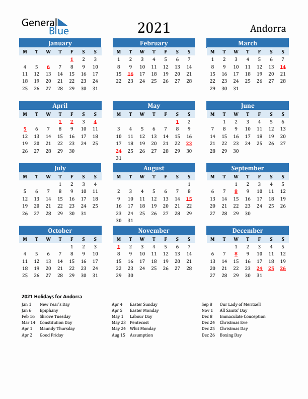 Printable Calendar 2021 with Andorra Holidays (Monday Start)