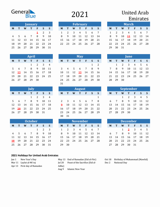 Printable Calendar 2021 with United Arab Emirates Holidays (Monday Start)